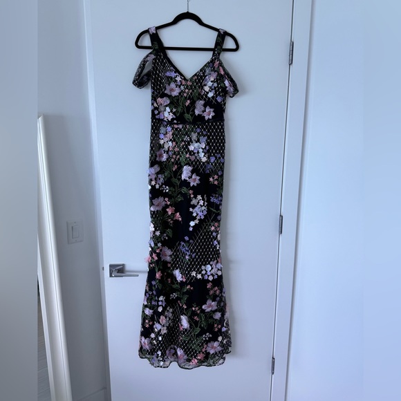 Marchesa Notte Cold-Shoulder Lattice Embroidered Gown w/ 3D Flowers - Picture 6 of 9